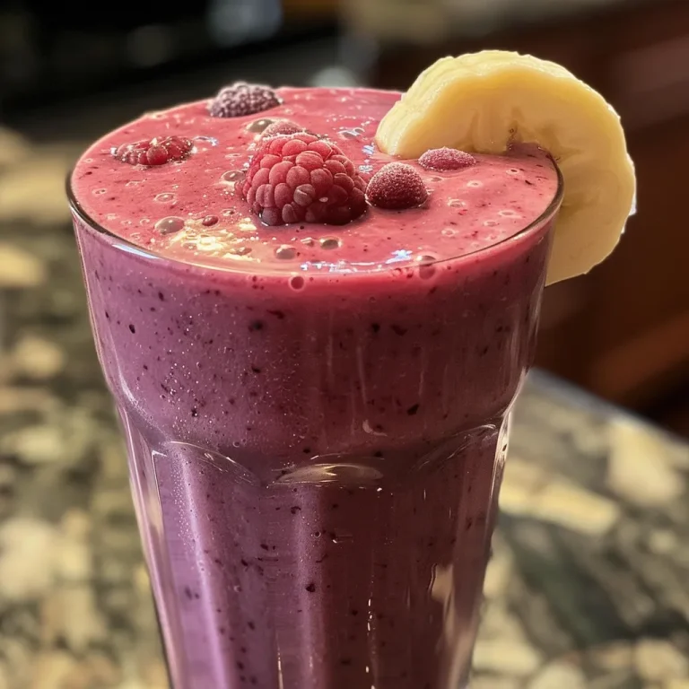 Close-up side view of a vibrant mixed berry smoothie in a glass, featuring rich purple hues with a straw.