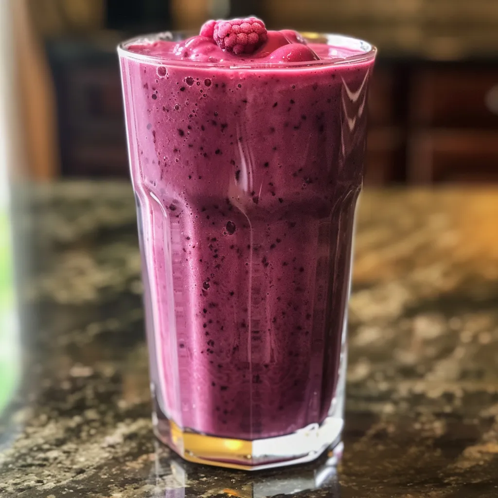 A refreshing healthy smoothie made with mixed berries and bananas, displayed in a glass on a wooden table.