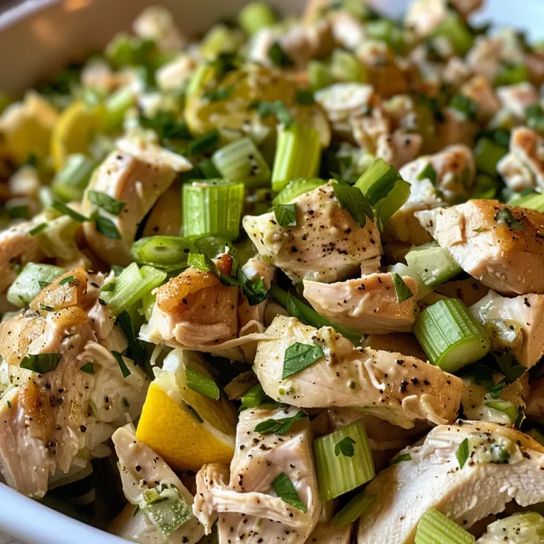 Close-up view of a vibrant Herbed Chicken Salad featuring diced chicken breast and fresh herbs.