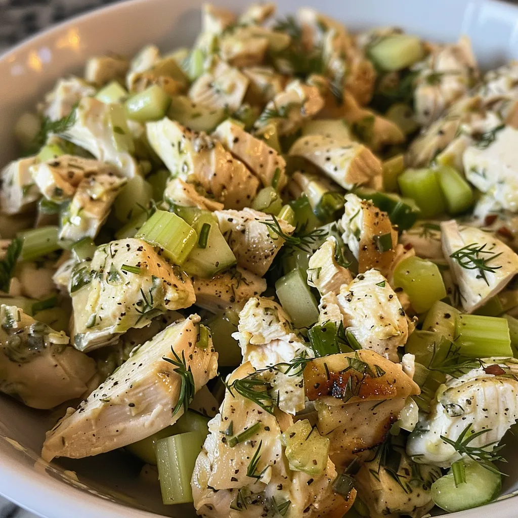 Juicy Herbed Chicken Salad displayed with diced celery, green onions, and herbs against a white background.