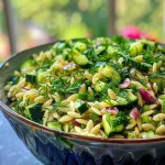 Close-up of a colorful Herbed Lemon Orzo Salad with fresh herbs and vegetables.