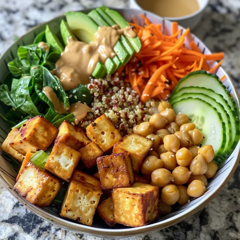 Close-up view of a colorful high protein Buddha bowl filled with quinoa, chickpeas, tofu, and fresh vegetables.