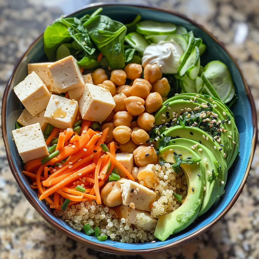 Side view of a nutritious Buddha bowl showcasing vibrant ingredients like avocado, spinach, and carrots.