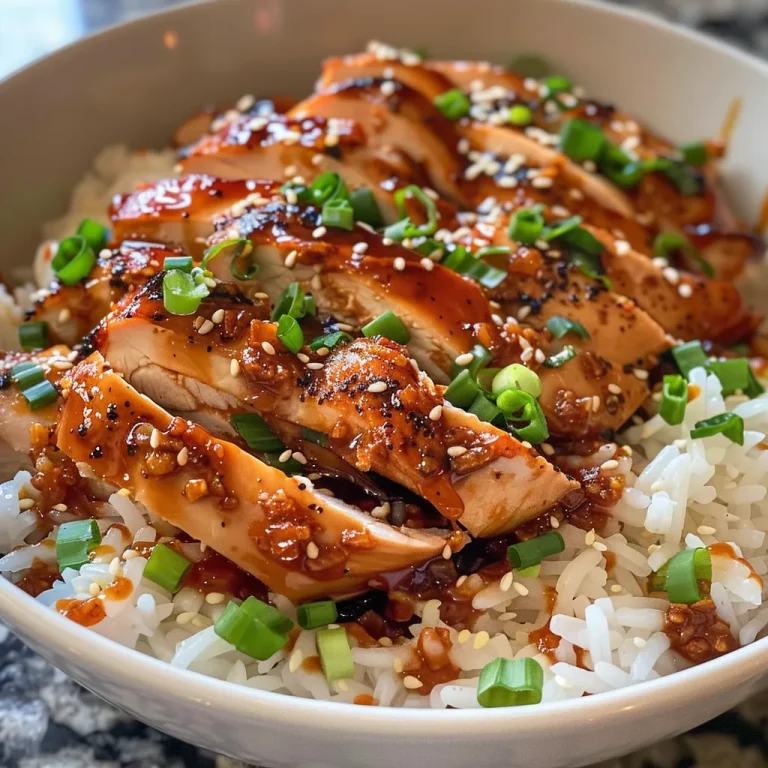 Close-up view of a bowl of Honey BBQ Chicken Rice garnished with green onions and sesame seeds.