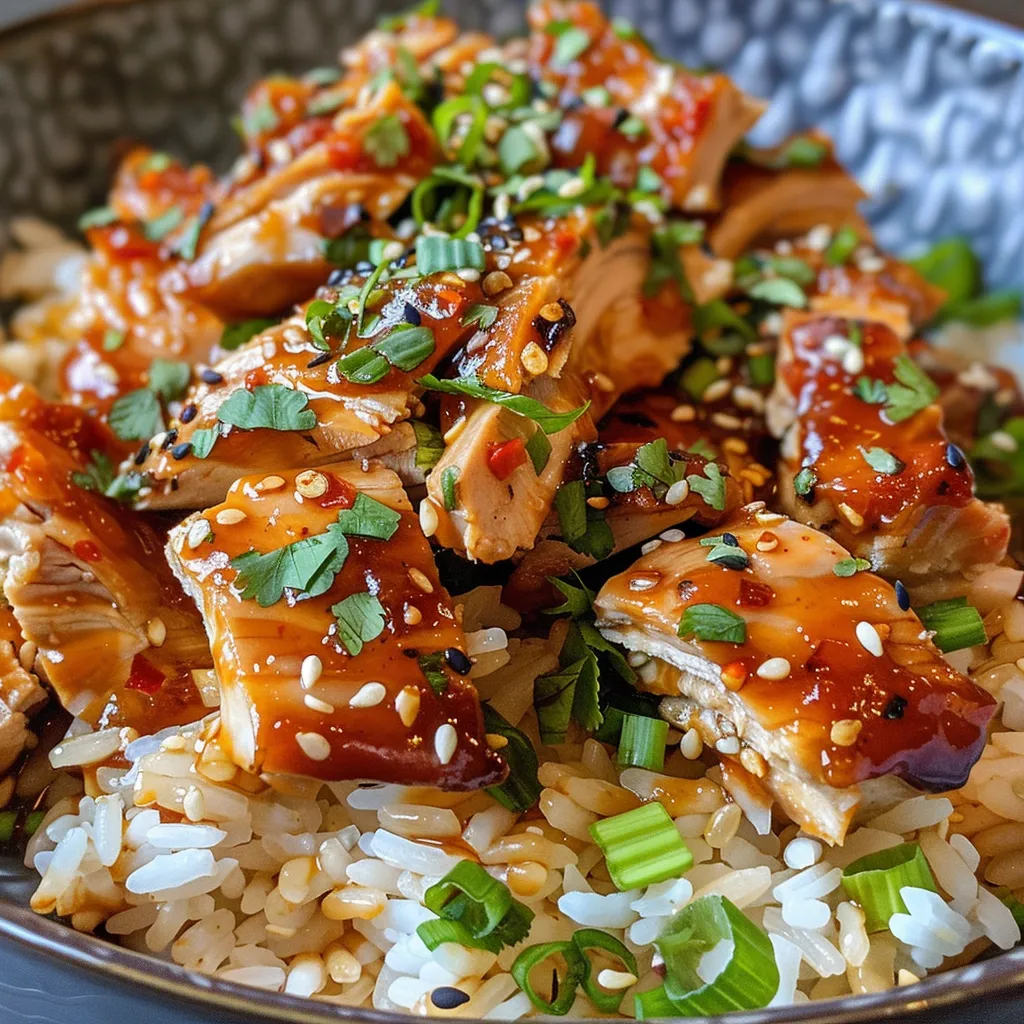 Juicy Honey BBQ chicken served over fluffy white rice, topped with chopped herbs and spices.