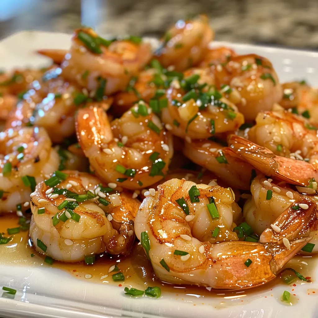 Juicy shrimp glistening with honey garlic sauce, garnished for presentation.
