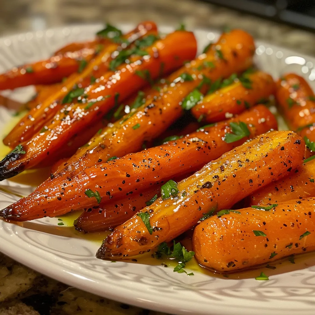 Side perspective of vibrant honey glazed carrots, showcasing their shiny texture.