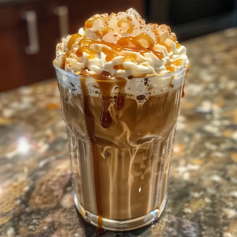 Side view of a refreshing Iced Caramel Latte with whipped cream and caramel drizzle.