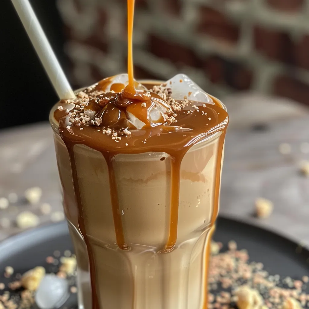 Close-up shot of an Iced Caramel Latte in a glass, showcasing layers of coffee, milk, and caramel.