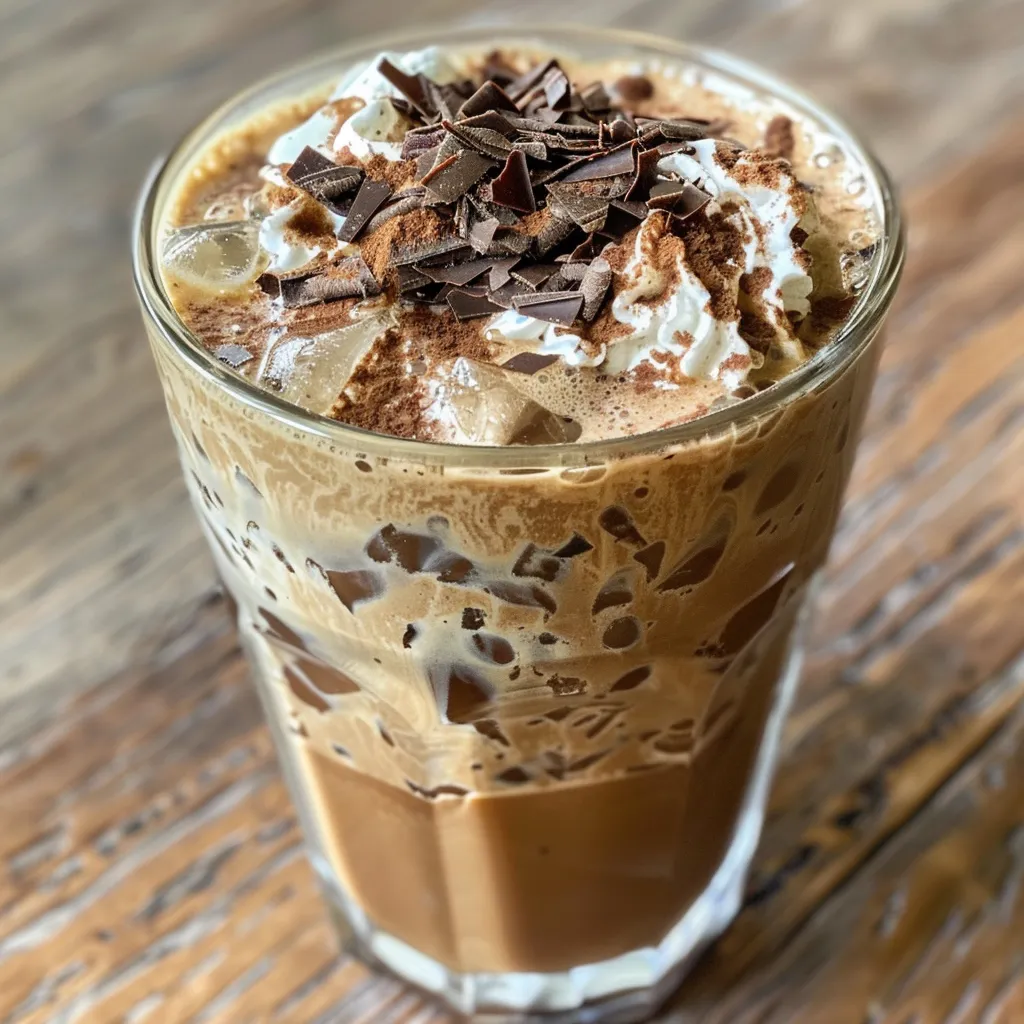 Side view of a refreshing iced mocha oat latte served in a glass with ice cubes.