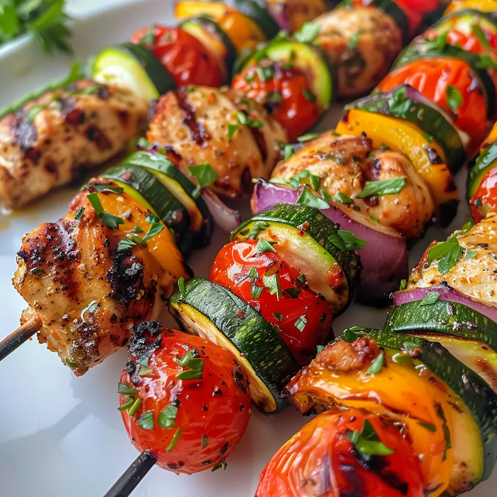 Close-up of juicy chicken kabobs with vegetables ready for dipping.