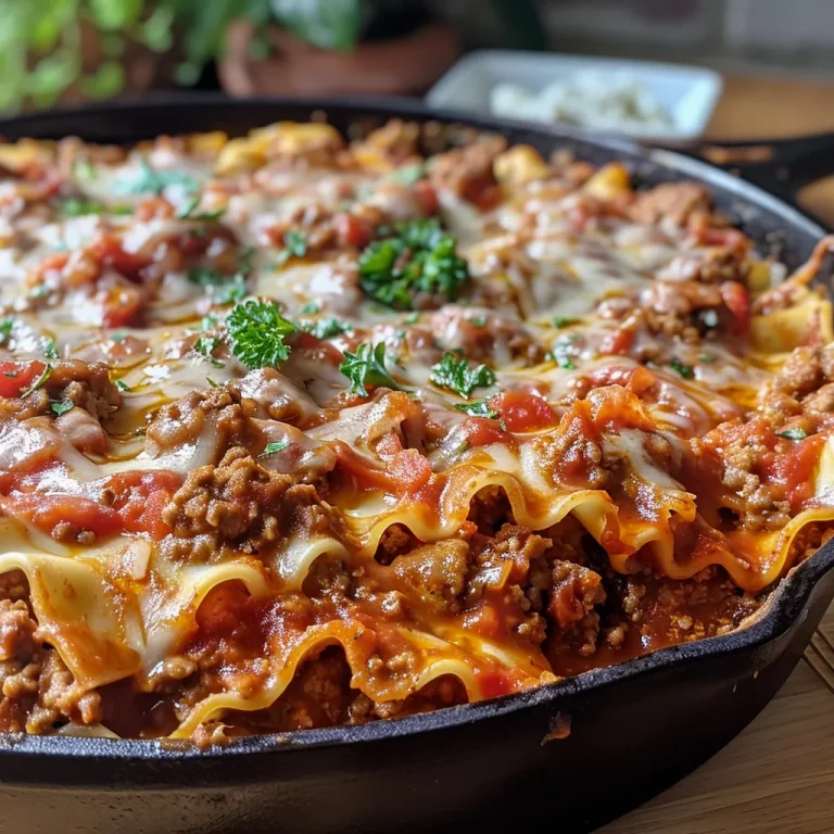 A close-up side view of a Lazy Lasagna Skillet, showcasing layers of pasta and cheese.