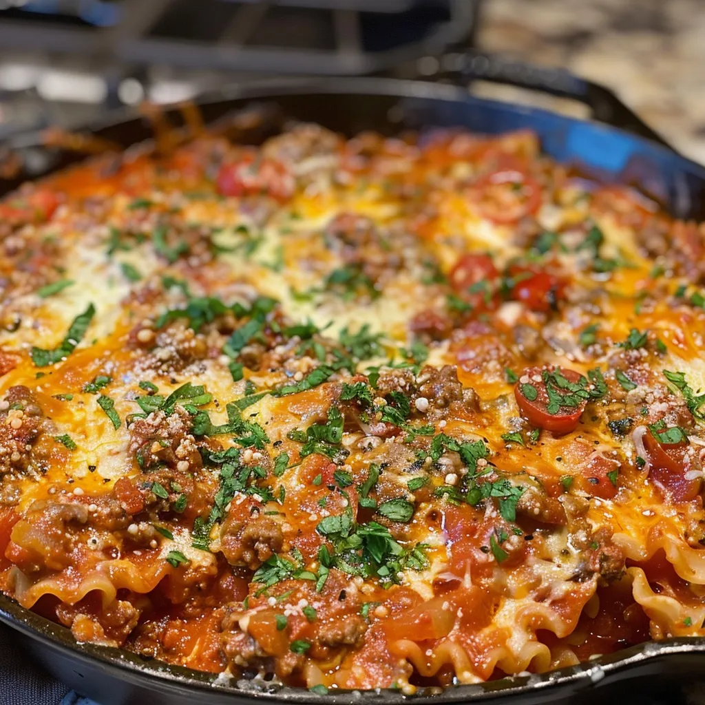 A juicy Lazy Lasagna Skillet filled with ground beef, marinara sauce, and melted cheese.