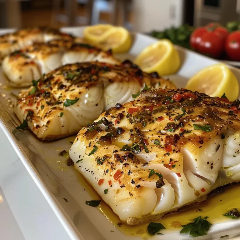 Close-up of Lemon Herb Baked Cod fillets garnished with lemon slices and cherry tomatoes.