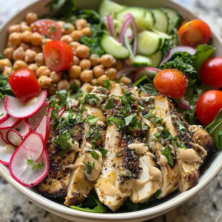 Close-up of a Lemon Tahini Chicken Power Bowl featuring sliced chicken, greens, and colorful vegetables.