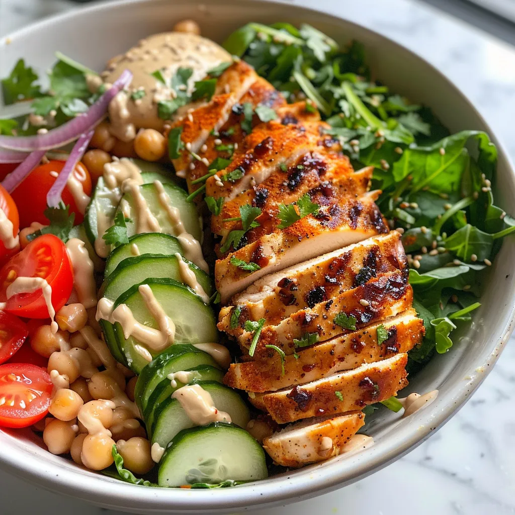Side view of a vibrant Lemon Tahini Chicken Power Bowl with mixed greens, cherry tomatoes, and tahini dressing.
