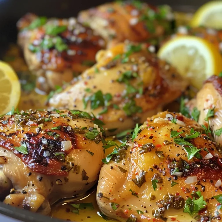 Close-up view of juicy Lemony Garlic Butter Chicken pieces glistening in sauce.