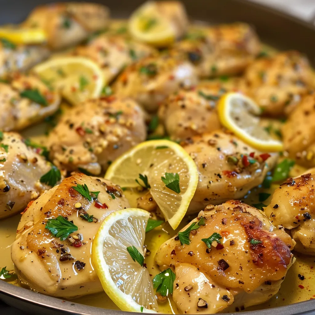 Side view of tender chicken breasts cooked in a creamy lemon garlic butter sauce.