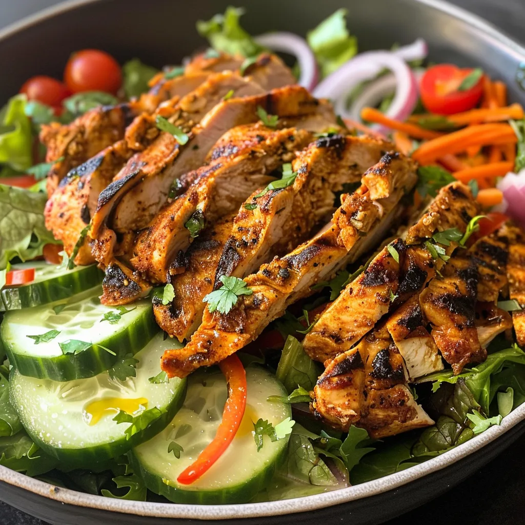 Close-up view of a fresh salad topped with juicy chicken, vegetables, and avocado.