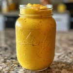 Close up of a vibrant mango pineapple smoothie in a glass with a straw.