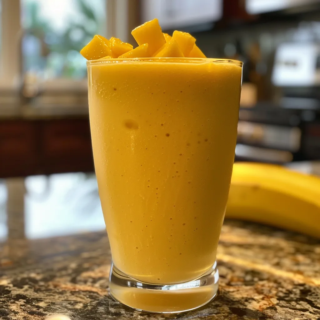 Side view of a creamy mango pineapple breakfast smoothie with fruit pieces on top.