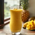 A close-up view of a vibrant mango pineapple smoothie in a glass, garnished with fresh fruit.