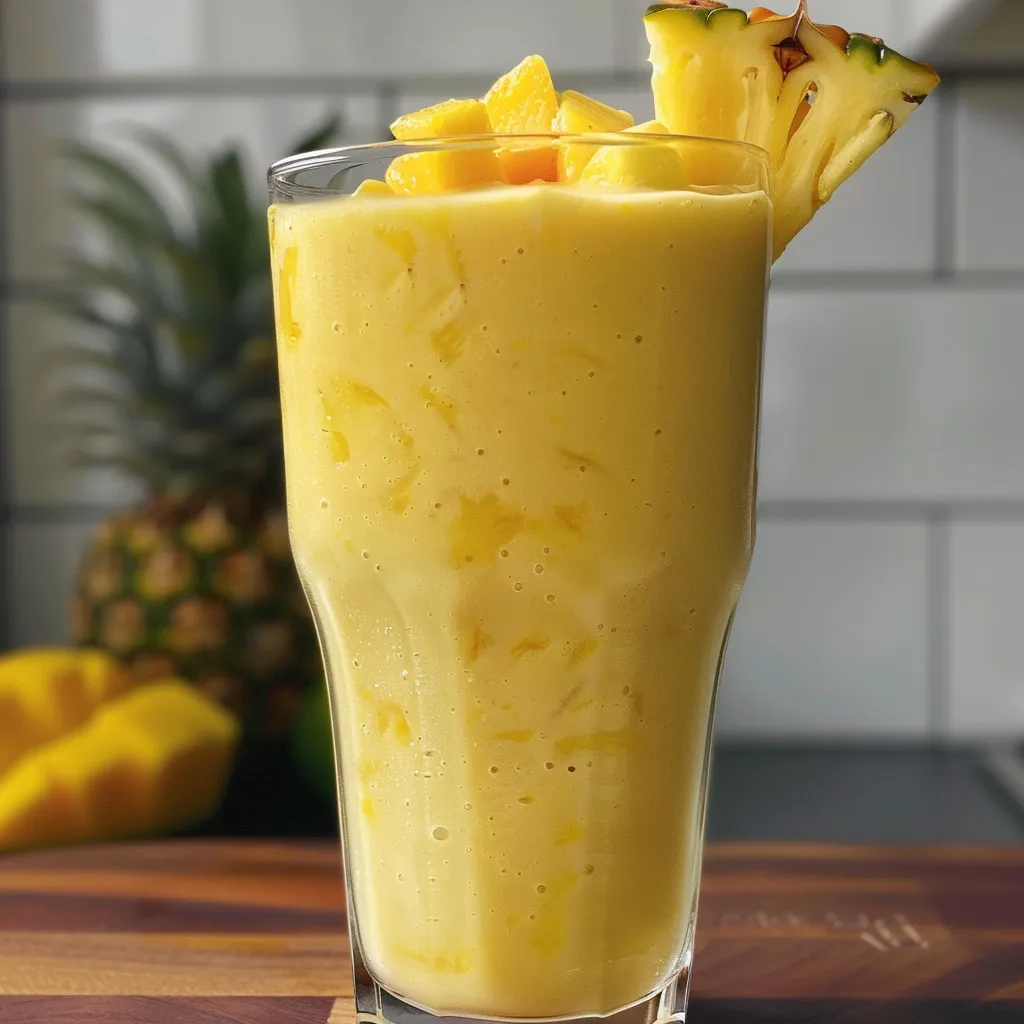 Side view of a thick mango pineapple smoothie, showcasing its creamy texture and bright yellow color.