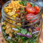 A close-up view of a layered Mason Jar Taco Salad filled with vibrant ingredients.