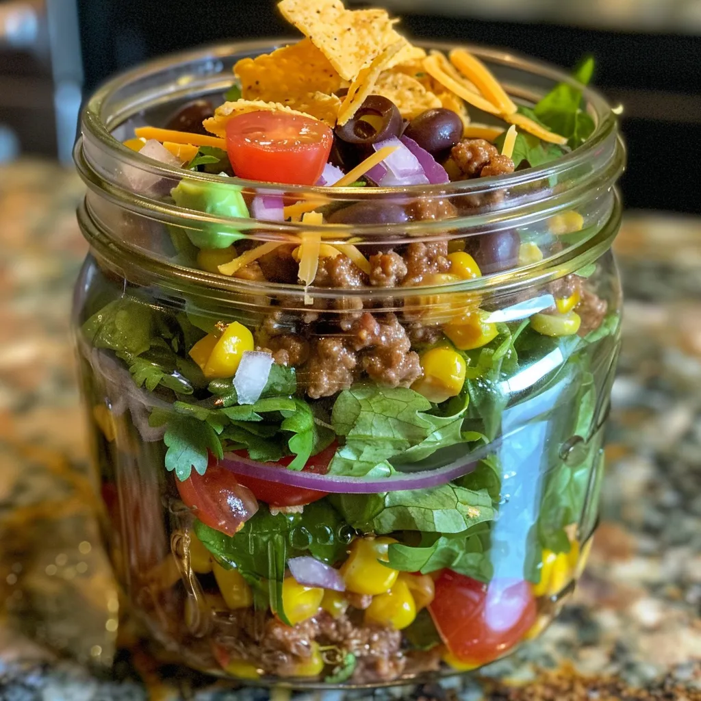 Side angle of a Mason Jar Taco Salad showcasing colorful layers of toppings and sauces.