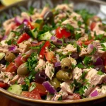 Close-up of a fresh Mediterranean tuna salad with vibrant colors and textures.