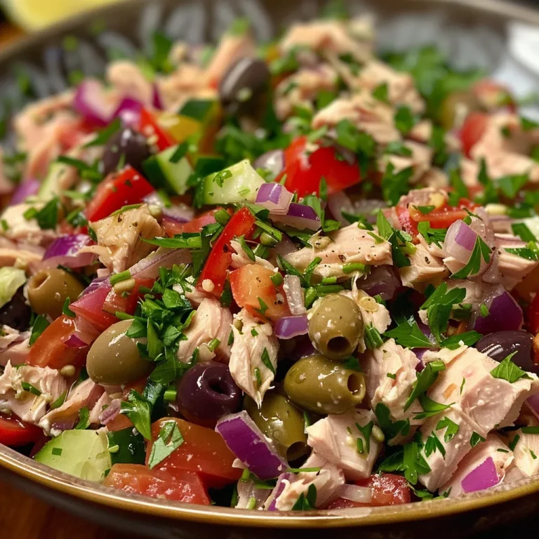 Close-up of a fresh Mediterranean tuna salad with vibrant colors and textures.
