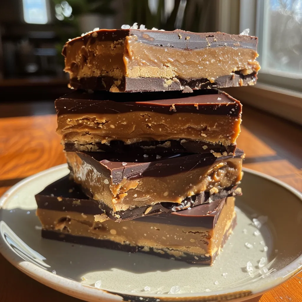 Side view photo of layered No-Bake Peanut Butter Cup Bars topped with chocolate.
