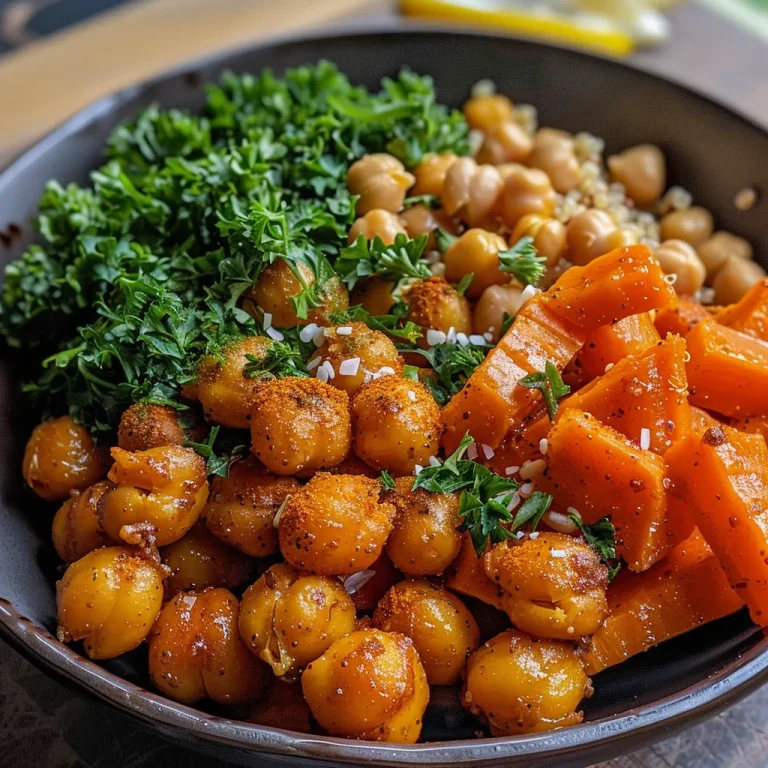 A close-up view of a vibrant One-Pan Roasted Carrot Chickpea Bowl filled with chopped carrots and chickpeas.