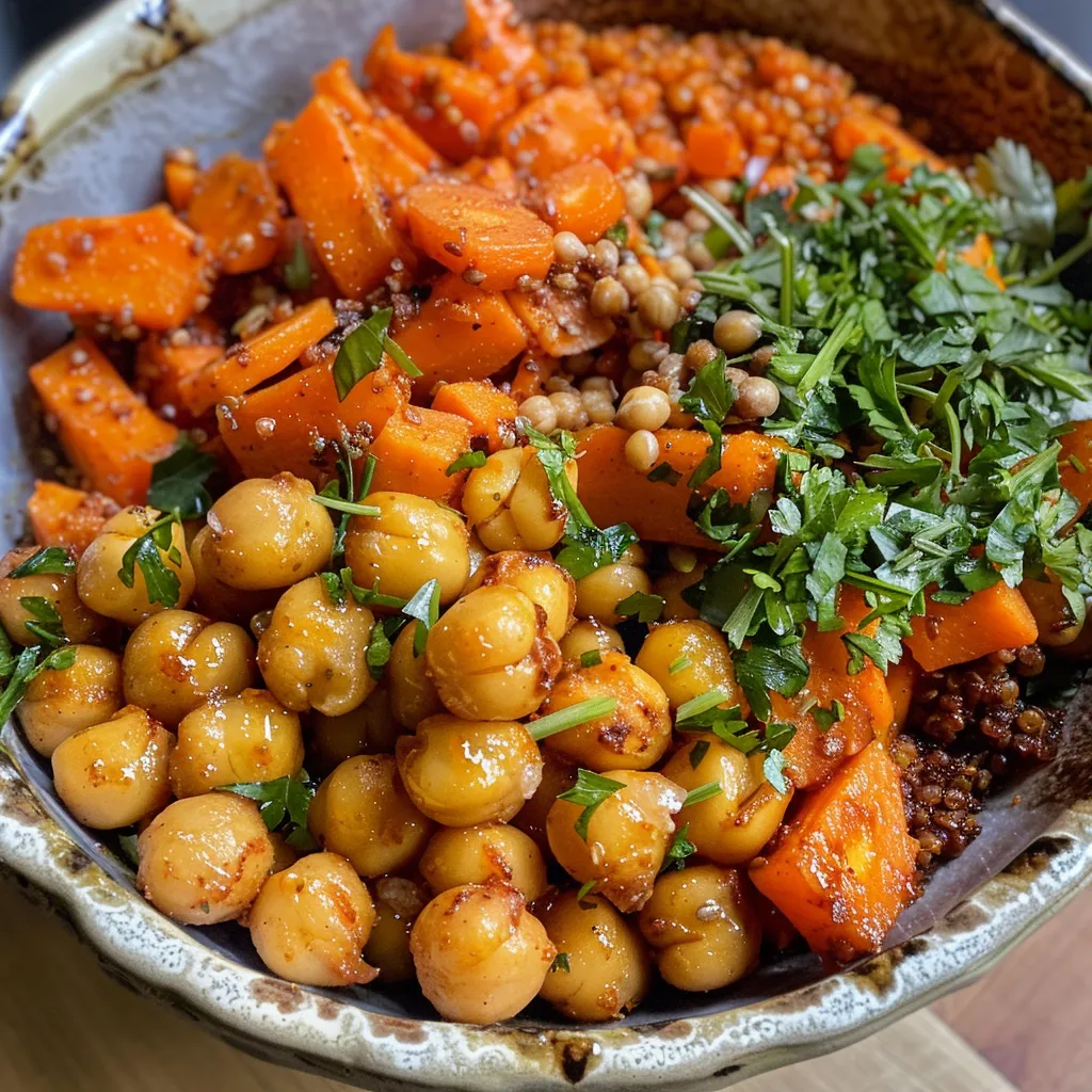 A colorful bowl showcasing roasted carrots and chickpeas, garnished with fresh herbs.