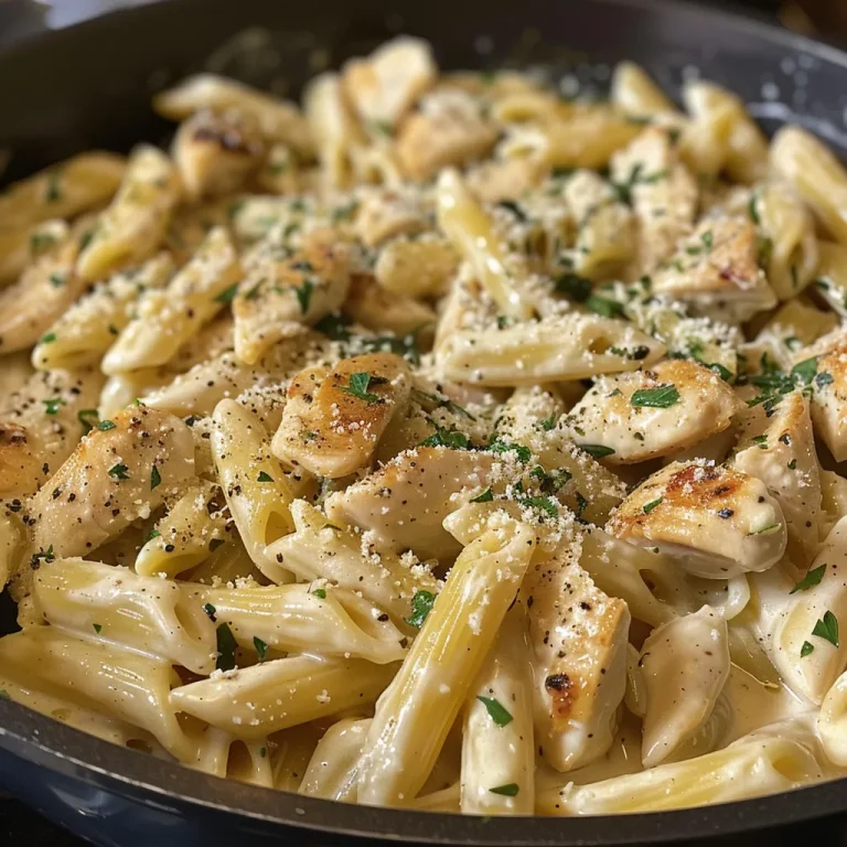Close-up view of a creamy One Skillet Chicken Alfredo with pasta and chicken pieces.