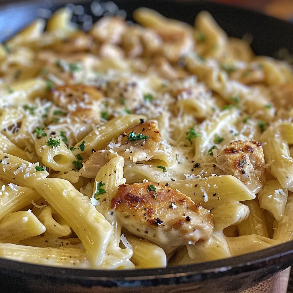 Side view of a delicious One Skillet Chicken Alfredo topped with fresh parsley and Parmesan cheese.