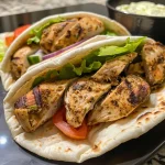 Juicy chicken shawarma wraps with fresh vegetables and sauce on a plate.