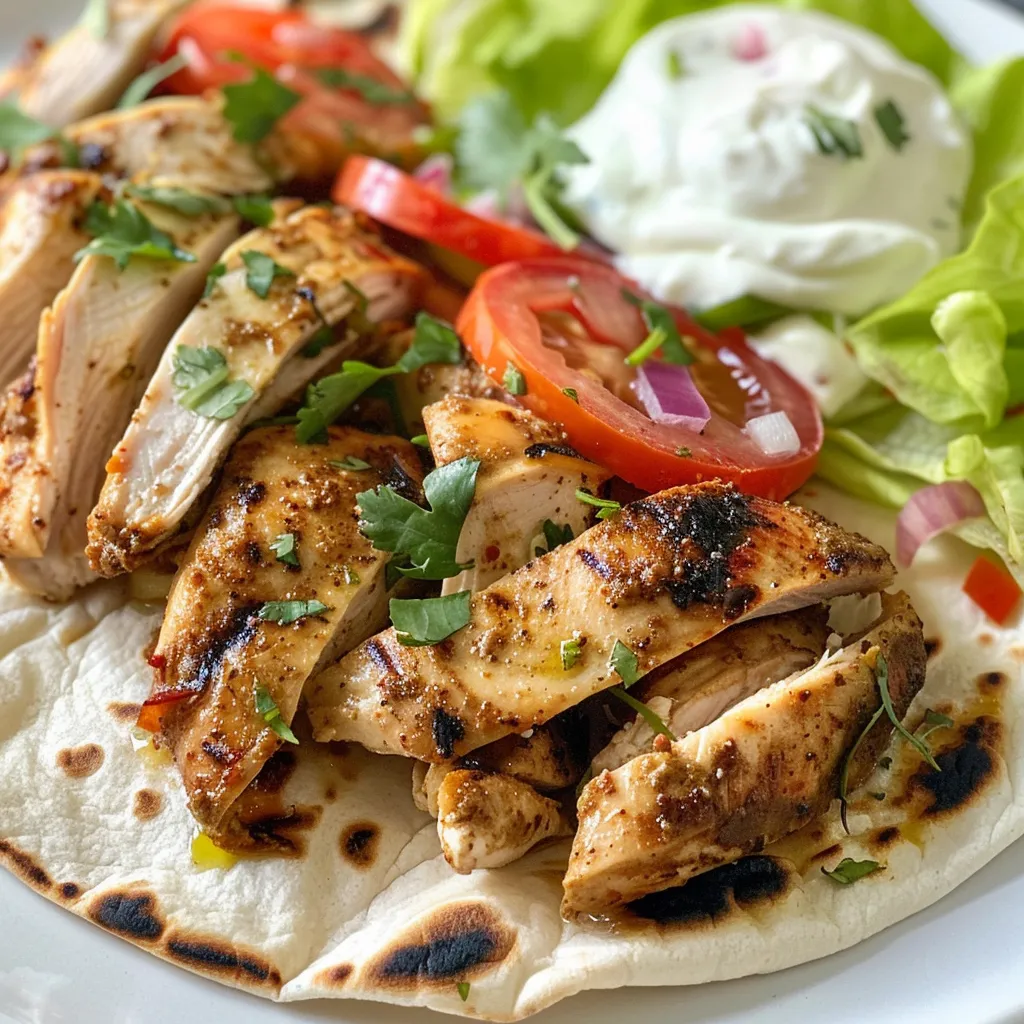 Close-up view of oven-roasted chicken shawarma wrapped in flatbread, garnished with vegetables.