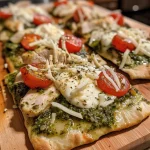 Close-up view of juicy pesto chicken flatbreads topped with cherry tomatoes and melted mozzarella cheese.
