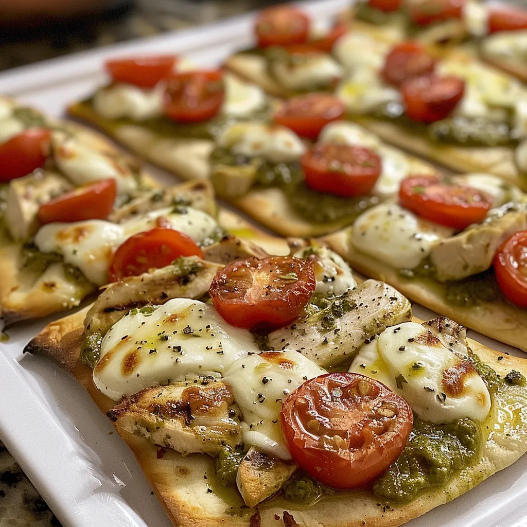 Side view of pesto chicken flatbreads with fresh basil pesto, chicken, and cheese, presented on a wooden surface.