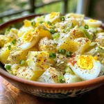 A vibrant close-up of a creamy potato salad with colorful ingredients.
