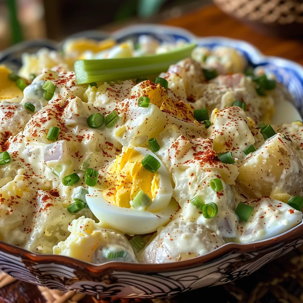 A side view of a fresh potato salad, showcasing potatoes, eggs, and bright vegetables.