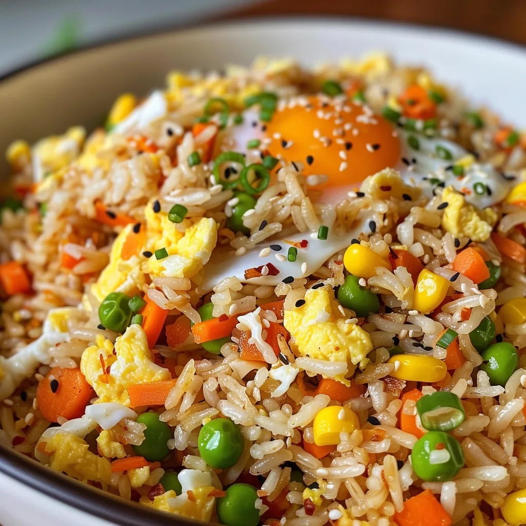 Side view of a serving of egg fried rice showcasing grains and veggies.