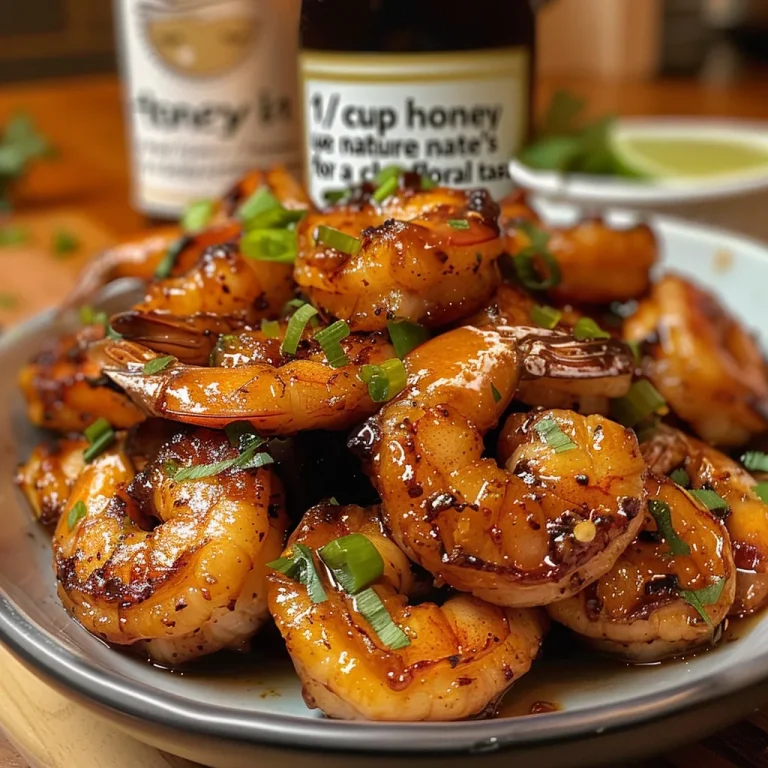 A close-up view of juicy honey garlic shrimp garnished with cilantro and green onions.