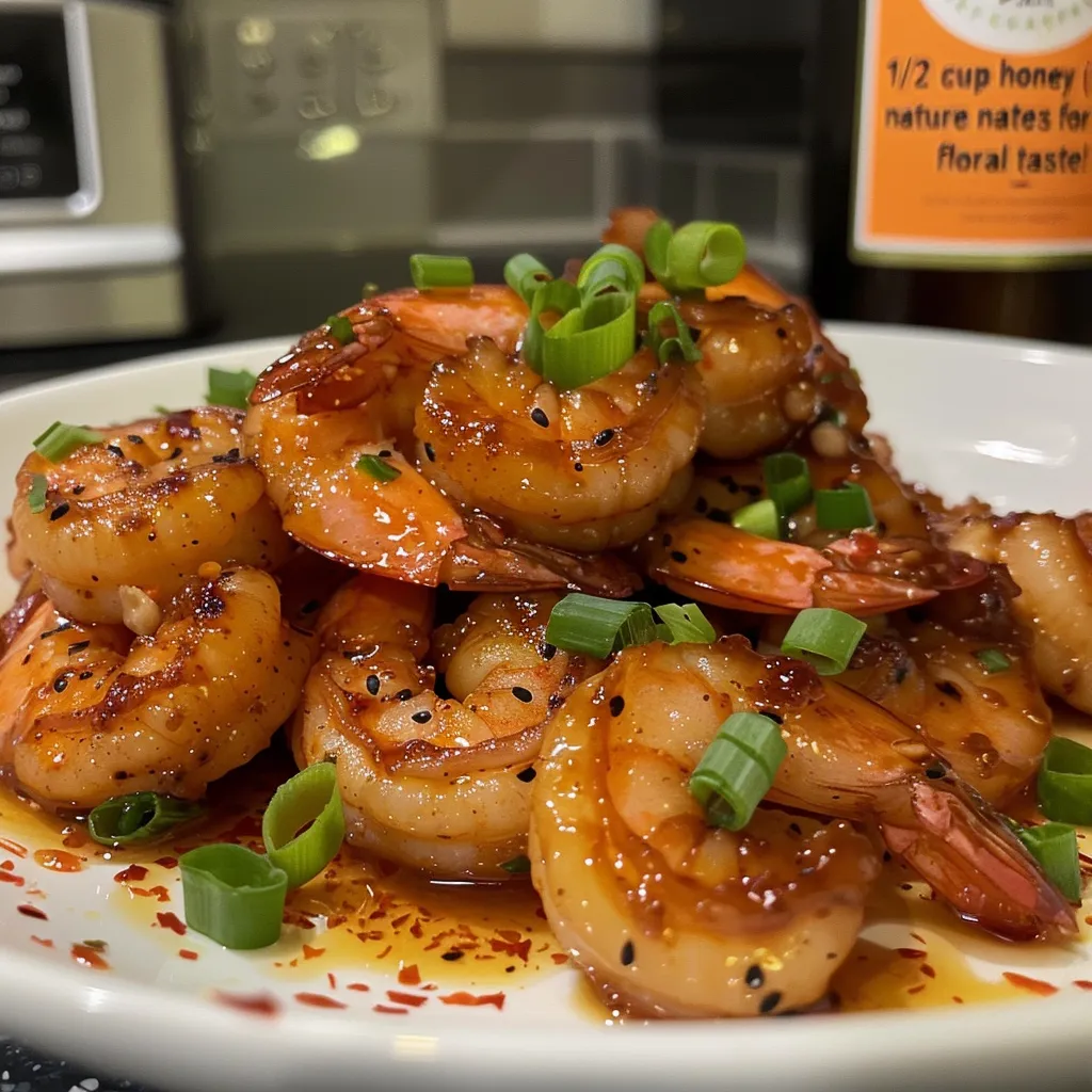 Side view of succulent shrimp glazed in honey garlic sauce with fresh herbs.