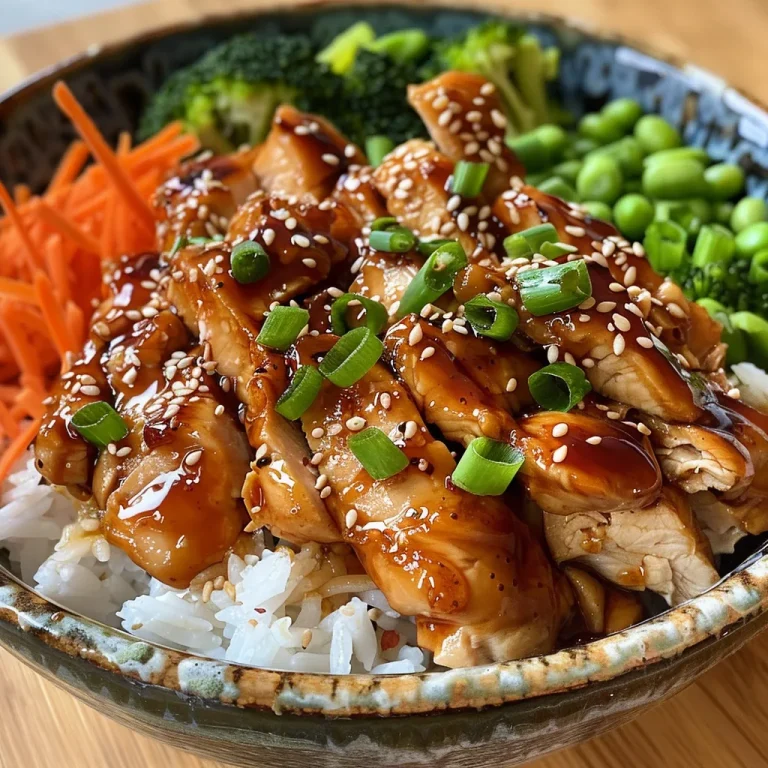 Close-up view of juicy teriyaki chicken bowl with colorful toppings.