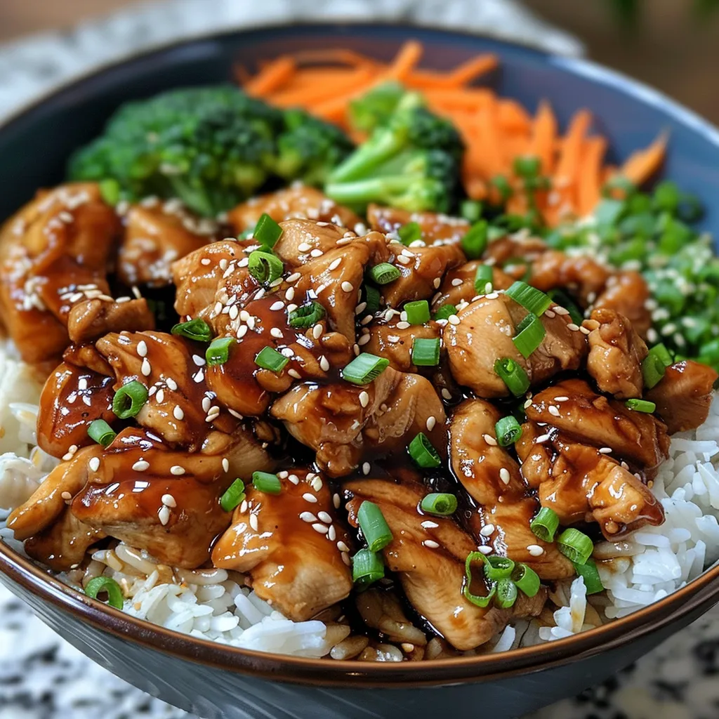Side view of a vibrant teriyaki chicken bowl featuring green onions and sesame seeds.