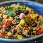 Close-up of a vibrant quinoa and black bean salad with diced vegetables.