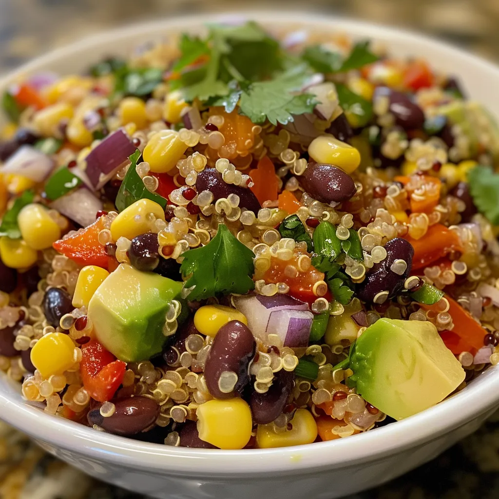 Colorful quinoa salad featuring black beans, corn, and fresh herbs.