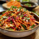 A vibrant rainbow carrot salad with sesame seeds and fresh herbs, seen from the side.
